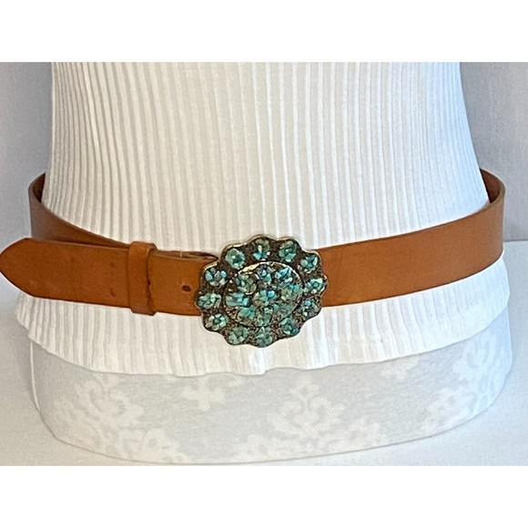 Coldwater Creek Womens Leather Belt Med Turquoise Chips Medallion Brass Buckle main image 8